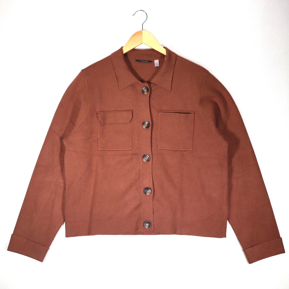 T Tahari Cardigan Sweater Womens XL Brown Knit Button Front Pocket Casual Office